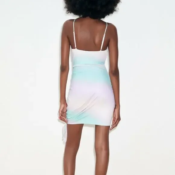 ZARA Tie Dye Satin Effect Mini Dress Drawstring & Cutouts Large - Picture 2 of 10